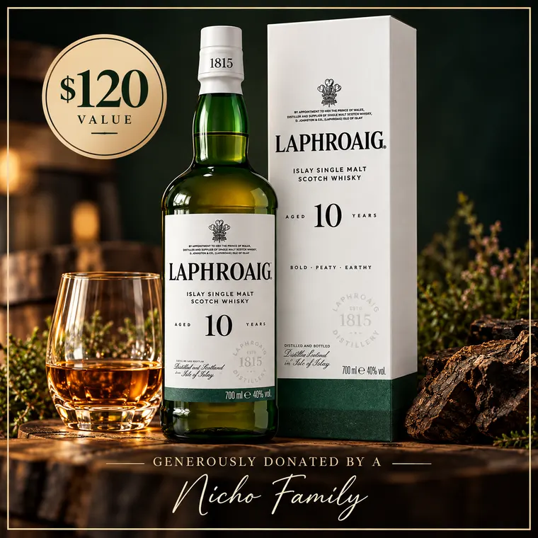 Donated by a Nicho family, Laphroaig 10 year old single malt scotch whisky, 700ml