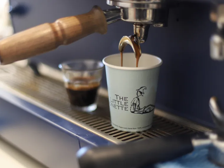 Espresso pouring into a Little Marionette cup