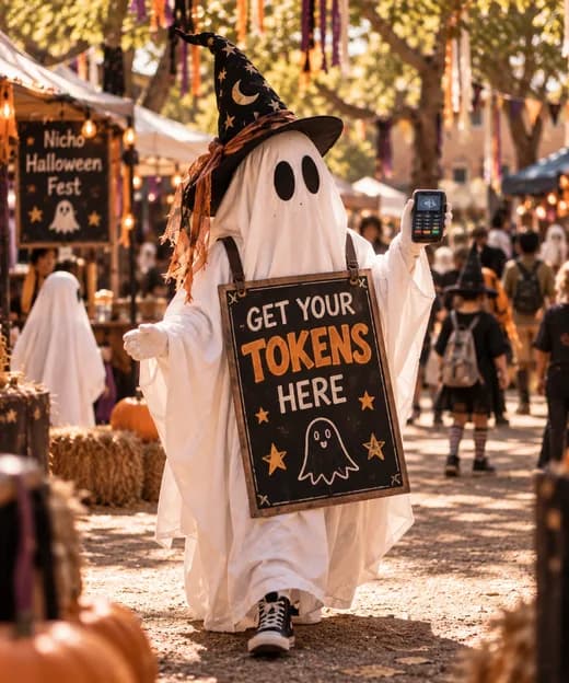 A ghost in a witch hat carrying a Get your tokens here sign and a card reader