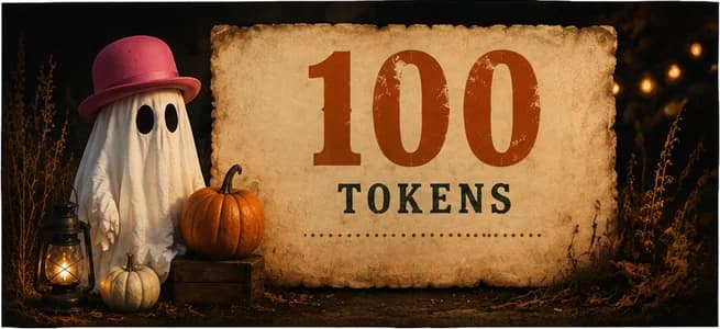 A ghost in a pink bowler hat beside a lantern and two pumpkins, next to a weathered paper sign. 100 token bundle.