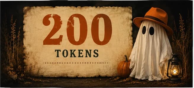 A ghost in an orange hat beside a lantern and a pumpkin, next to a weathered paper sign. 200 token bundle.