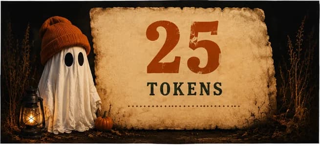 A ghost in an orange beanie beside a lantern and a small pumpkin, next to a weathered paper sign. 25 token bundle.