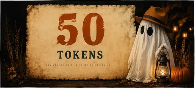 A ghost in a brown felt hat beside a lantern and a pumpkin, next to a weathered paper sign. 50 token bundle.